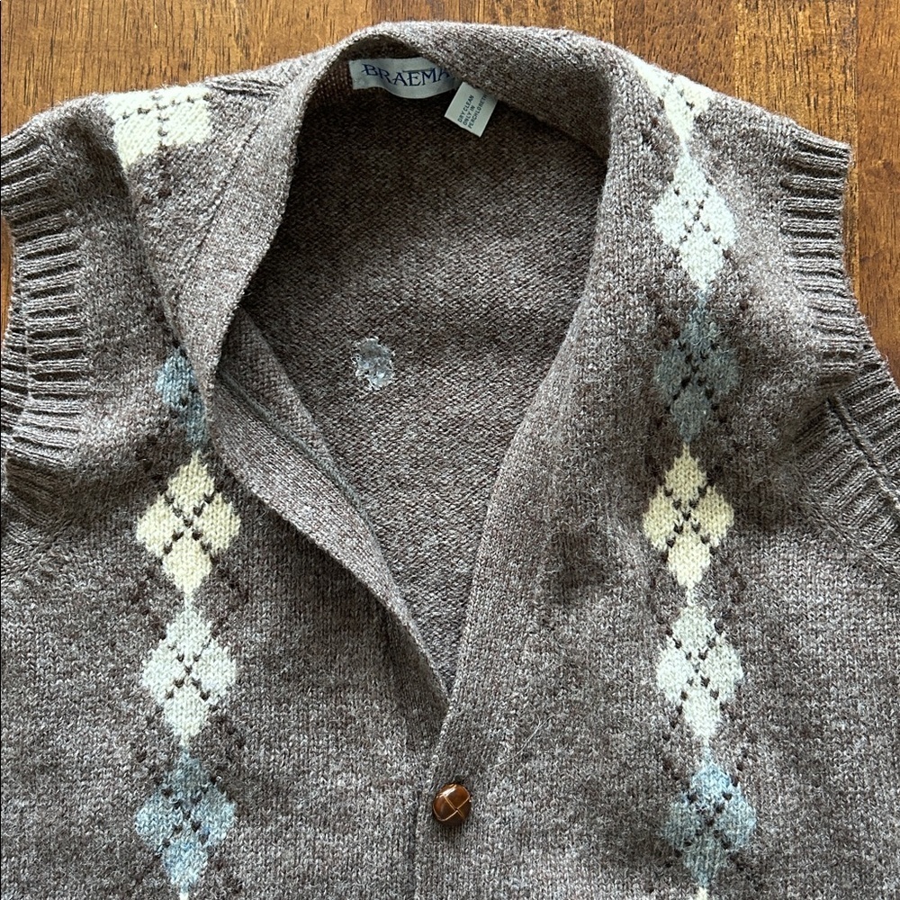 Braemar Argyle Vest Scottish shetland Wool Brown Pastel Diamond Pattern size L‌ - Picture 8 of 9